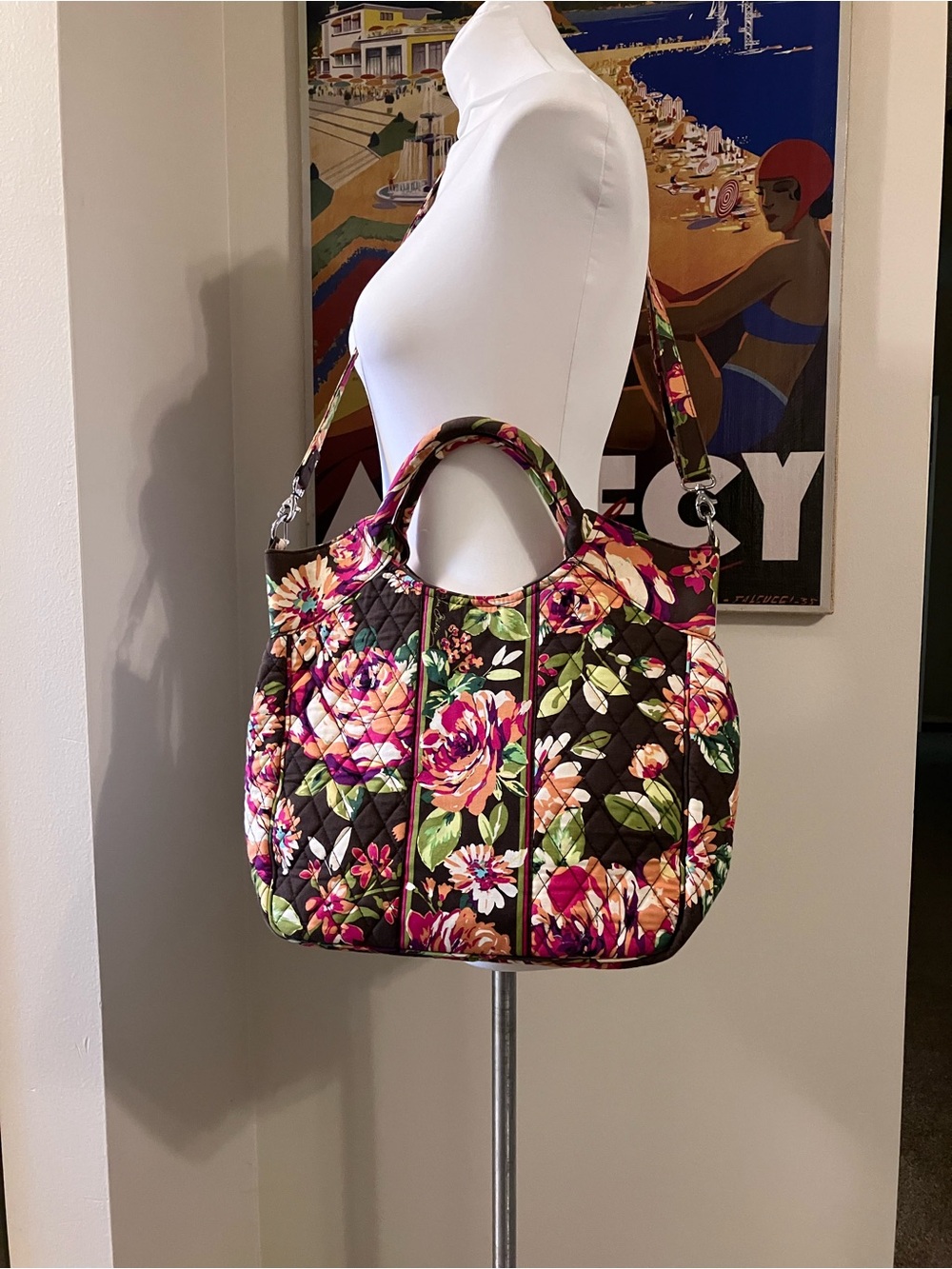 Vera Bradley English Rose Large Quilted Satchel Top Handle Two Way Tote w/Strap